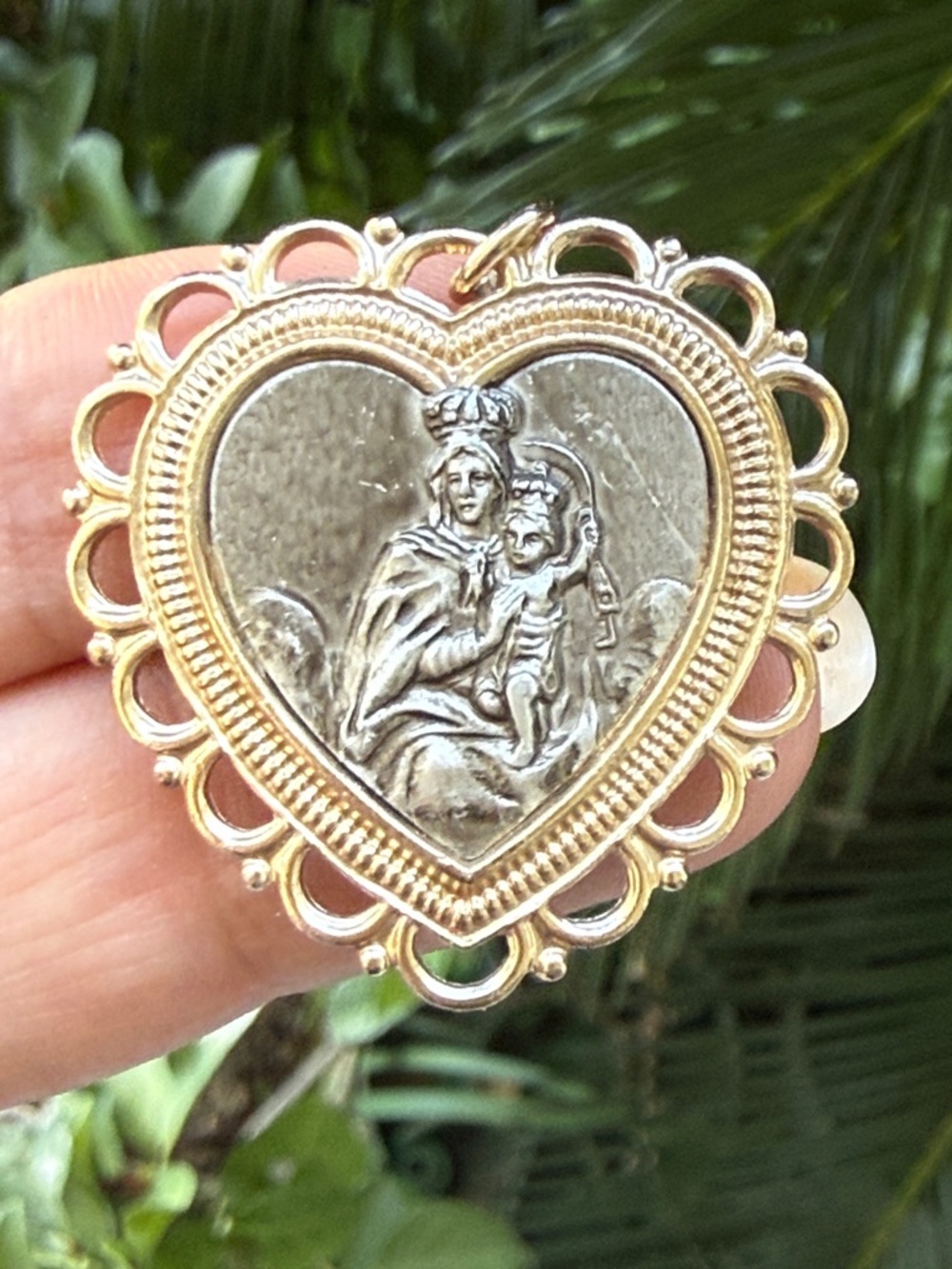 Gold and Silver Heart Madonna Pendant - Religious Women's Pendant